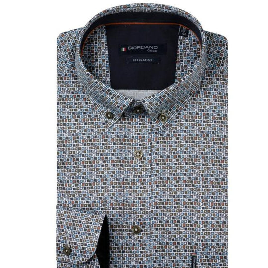 Giordano  Long Sleeve Shirt -Twill graphic Blue/Rust Print