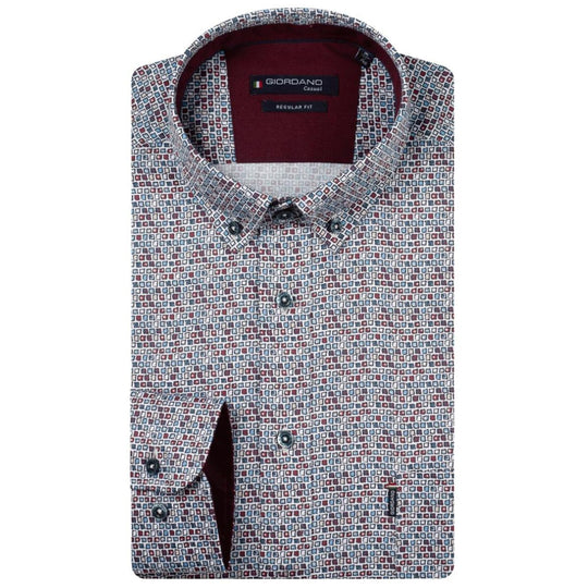 Giordano  Long Sleeve Shirt -Twill graphic Blue/wine print