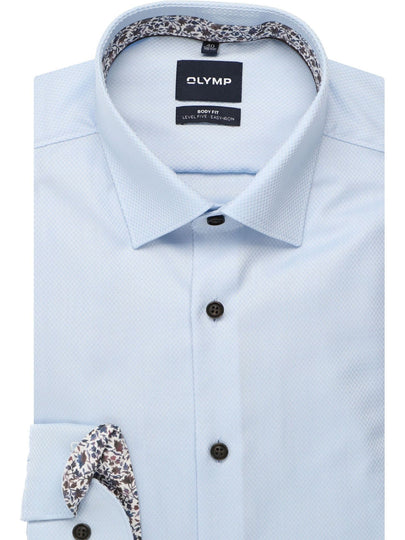 Olymp Body Fit Shirt - Light Blue/Brown Trim